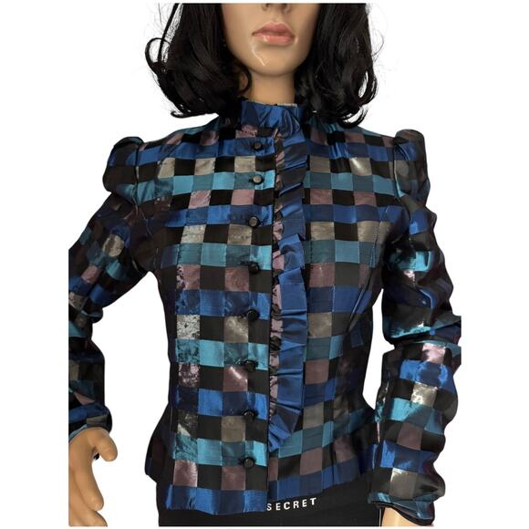 NWT Vintage Partique Inc Dorothy Farinae Blue Check Taffeta Jacket size small - Picture 3 of 14